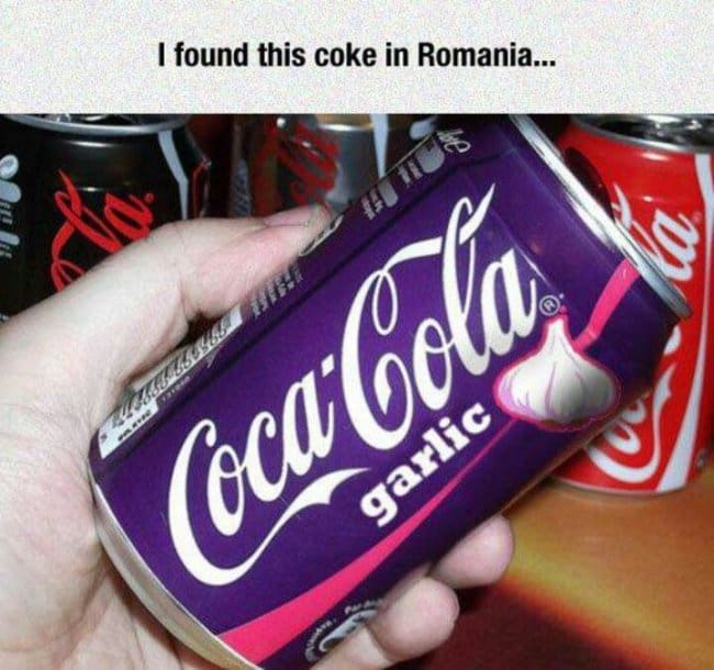 Purple Coca-Cola can labeled garlic, shared as a strange find from a trip to Romania.