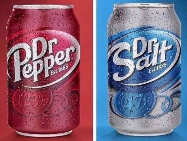Side by side cans of Dr Pepper and a parody Dr Salt with icy blue branding.