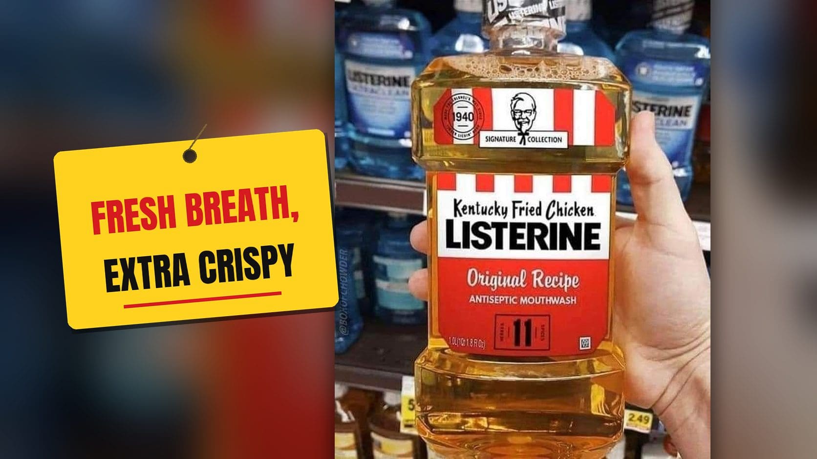 Hand holding a parody Kentucky Fried Chicken Listerine bottle, one of the weird drinks shared online, in a store aisle.
