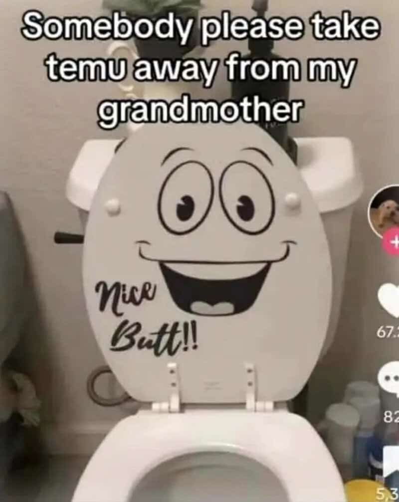Toilet lid decal with a giant cartoon smiley face and the words Nice Butt.