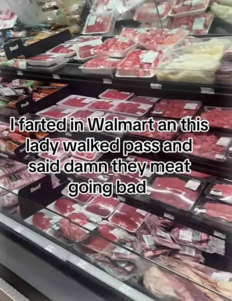 Grocery store meat counter with a caption about a stranger blaming a smell on spoiled meat.