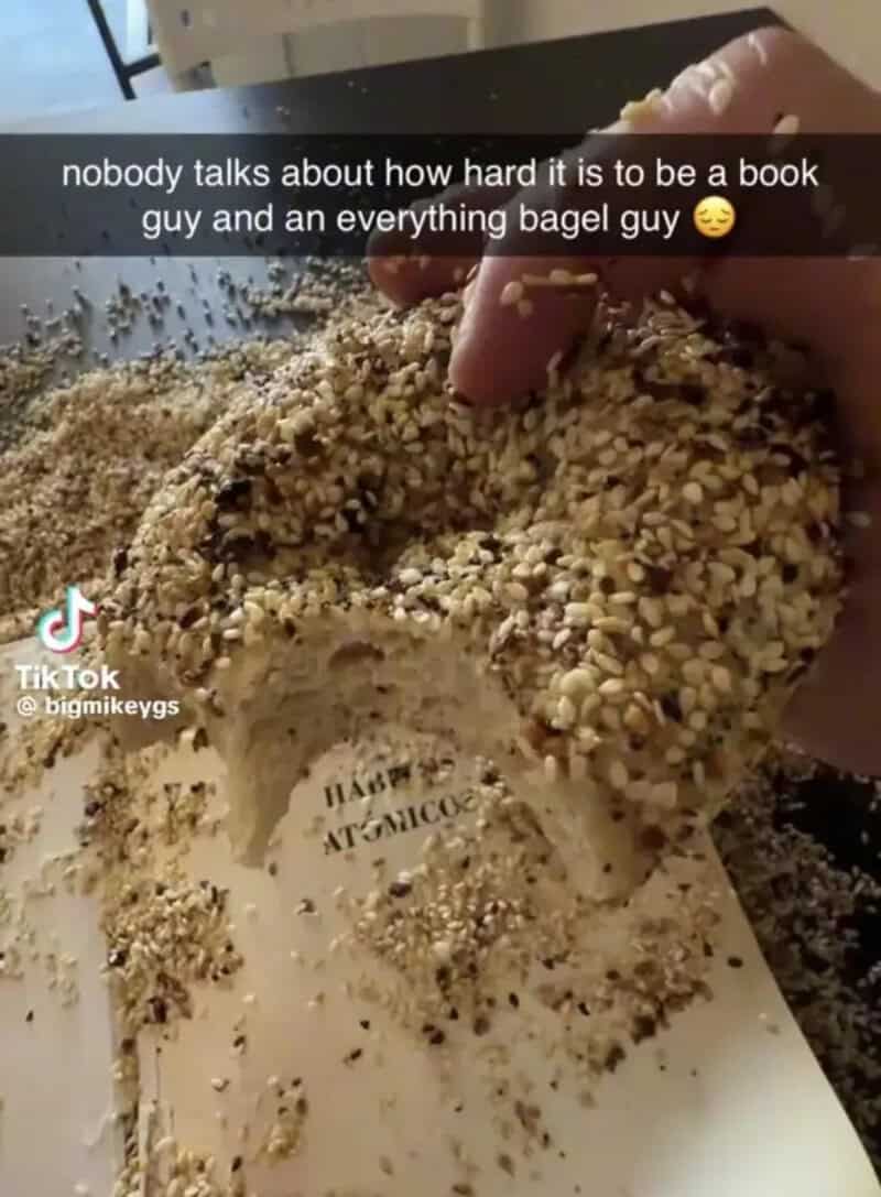 Hand holding an everything bagel shedding seeds all over the pages of an open book.
