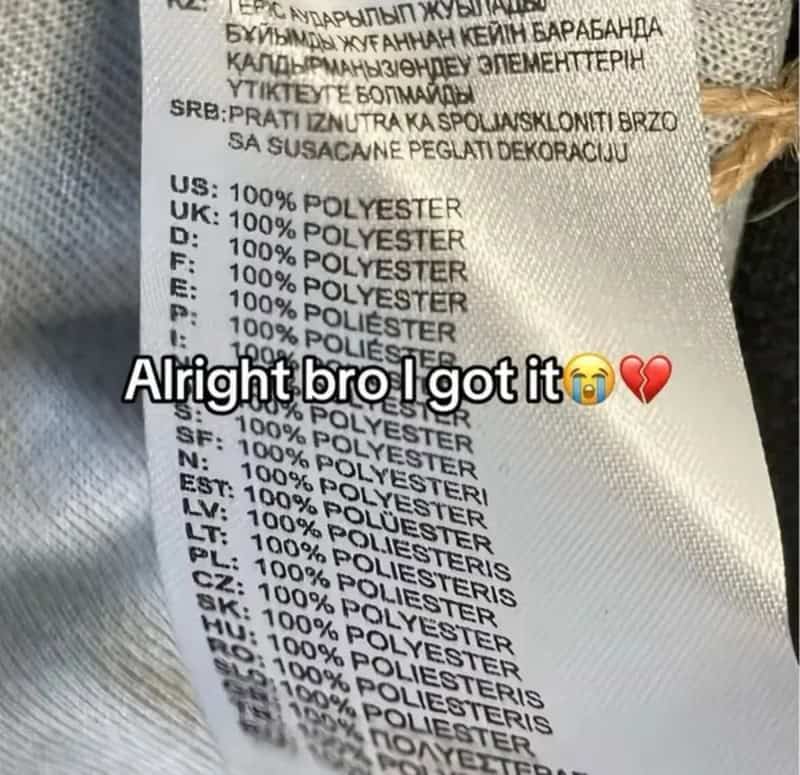 Clothing tag listing 100 percent polyester in dozens of languages, one after another.