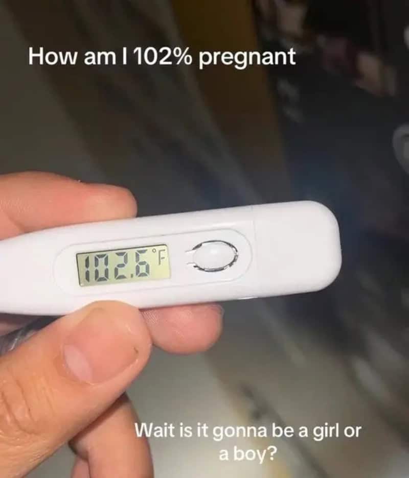 Hand holding a digital thermometer reading 102.6, captioned how am I 102 percent pregnant.