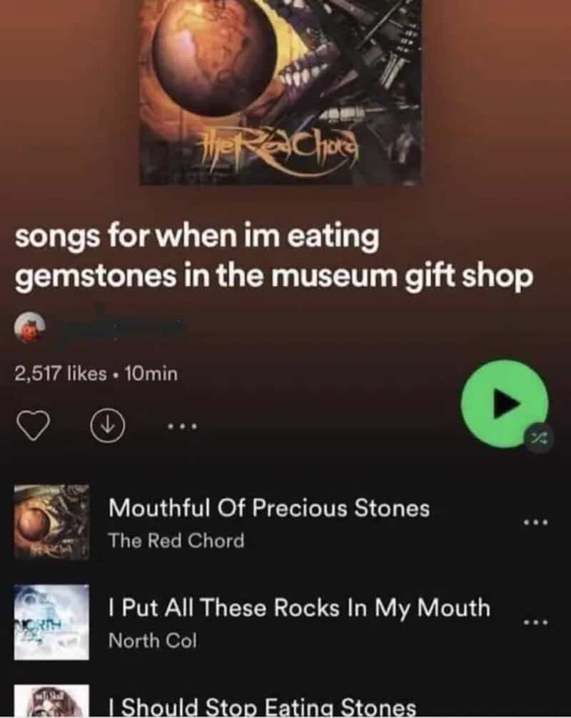 Music playlist titled songs for when I'm eating gemstones in the museum gift shop.