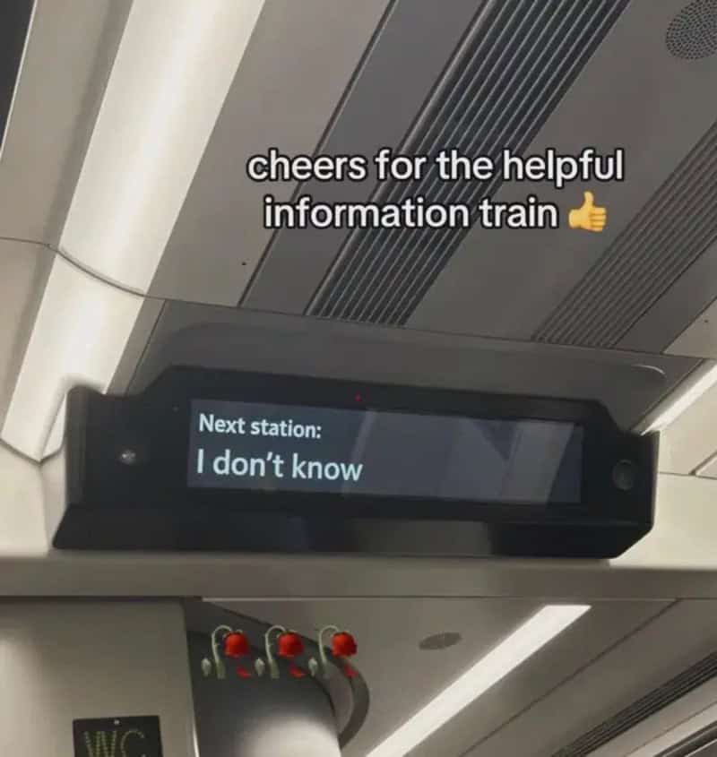 Train information screen announcing the next station as I don't know, one of the best weird screenshots.