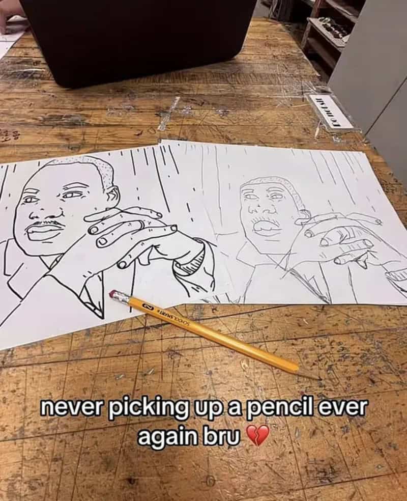 Two pencil drawings of the same portrait on a desk, one clean and one much shakier.