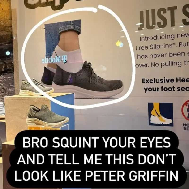 Shoe store ad where a sock and sneaker look like Peter Griffin's face if you squint.