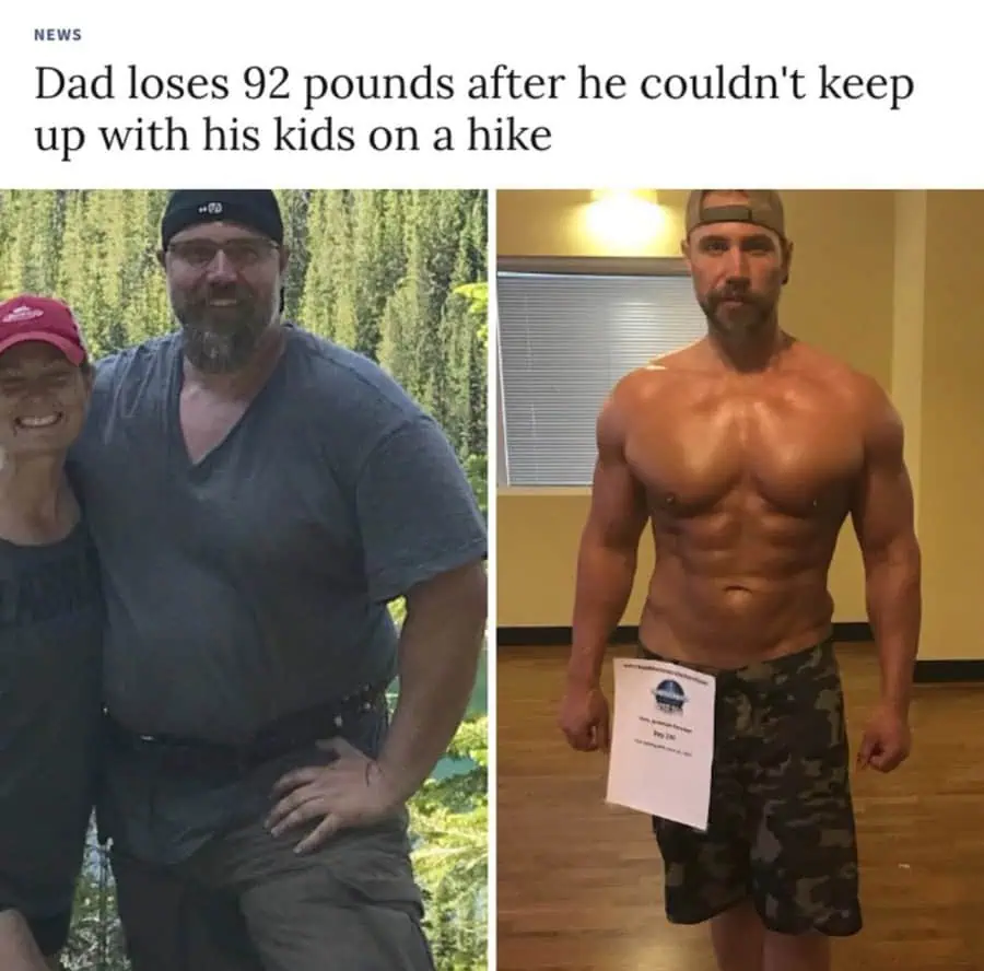 Before and after photos of a dad who lost 92 pounds after a tough family hike.