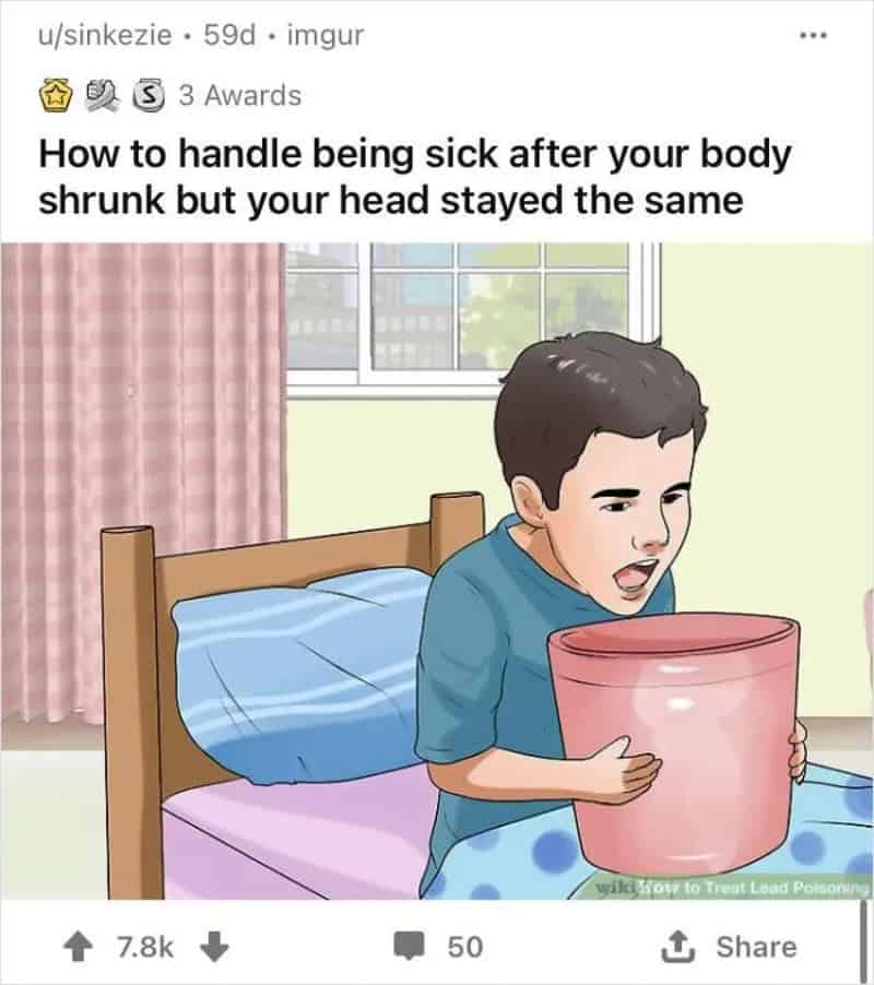 Sick cartoon boy with a bucket, joking his body shrank while his head stayed big.