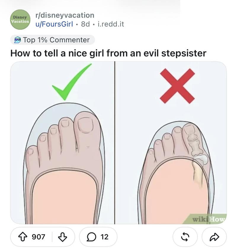 WikiHow memes post using two feet in glass slippers to spot an evil stepsister.