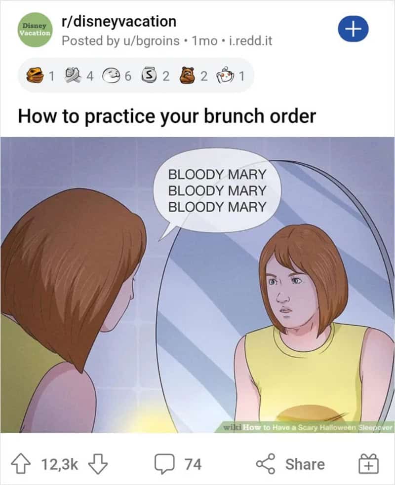 Woman chanting Bloody Mary into a mirror under a title about practicing a brunch order.
