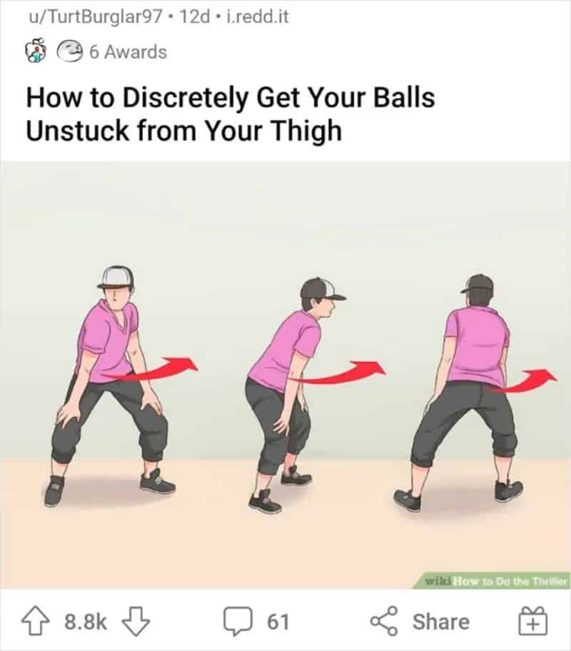 Three cartoon figures doing a sideways leg shuffle, captioned with a crude title about thighs.