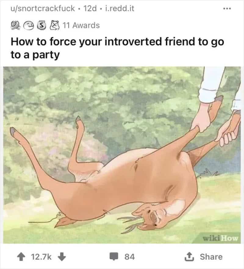 WikiHow memes drawing of a deer dragged by the legs, about forcing an introvert out.