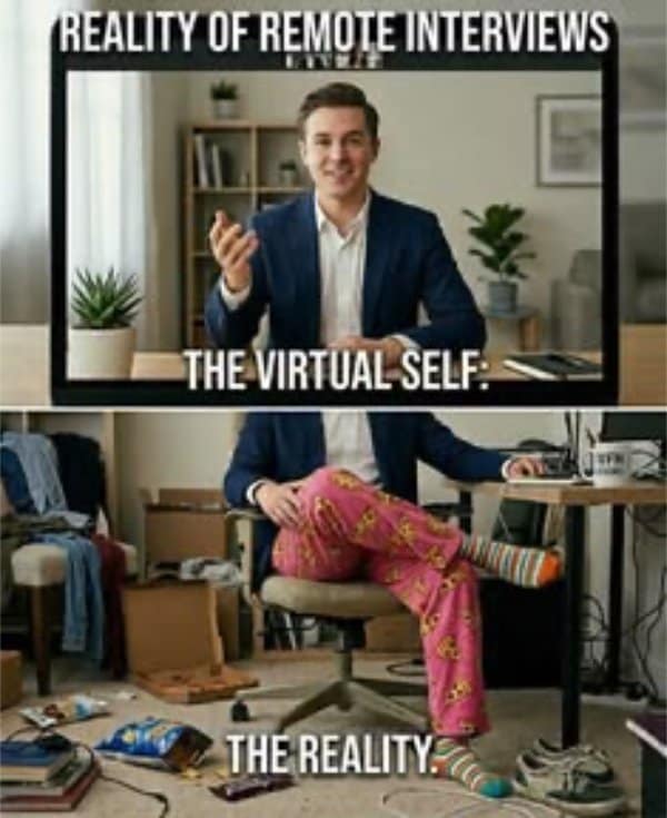 Reality of remote interviews meme with a man in a blazer on top and pizza pajama pants below.