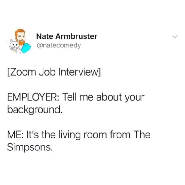 Tweet joking that the background in a Zoom job interview is the living room from The Simpsons.