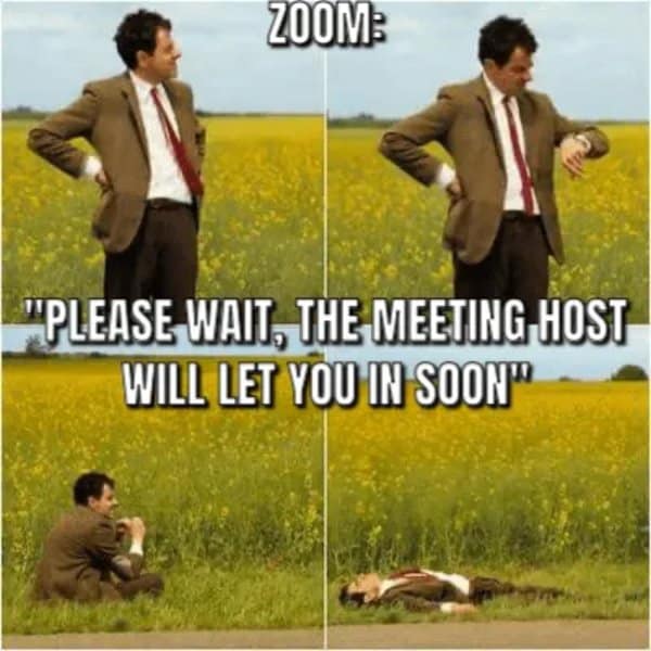 Mr. Bean slowly giving up in a field while stuck in a Zoom waiting room.