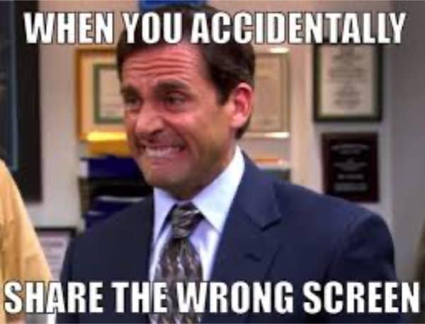 Michael Scott grimacing in work from home memes about accidentally sharing the wrong screen.