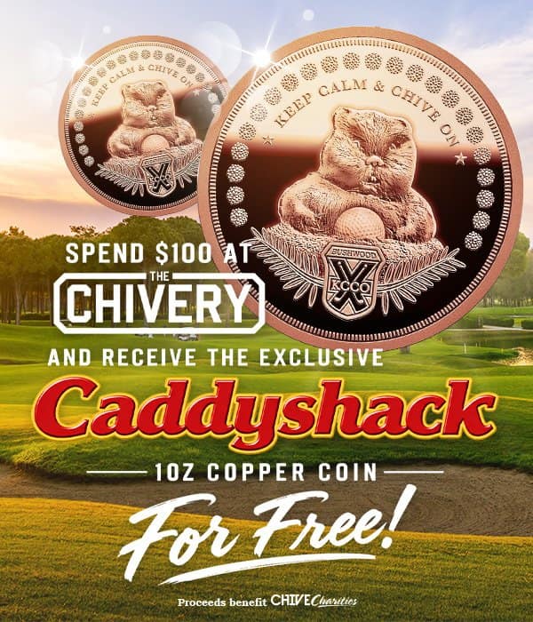 Promotional graphic for a Caddyshack copper coin with a gopher, offered with a store purchase.