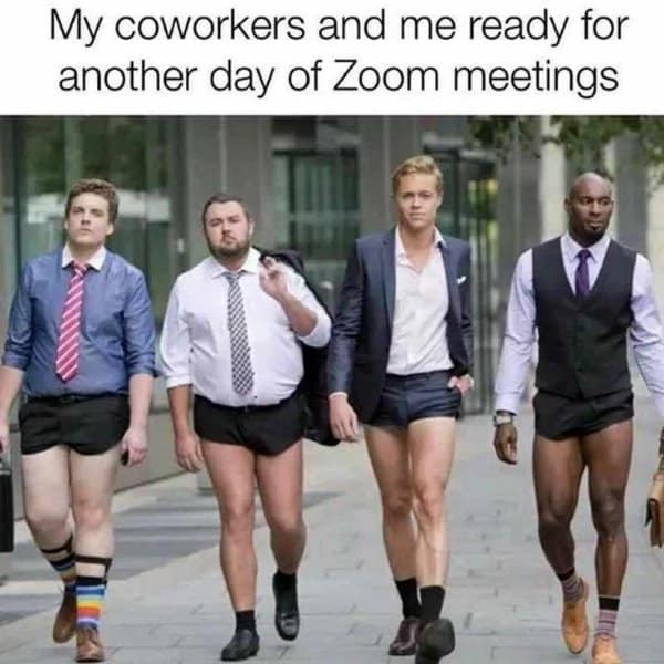 Four men in dress shirts and ties but only underwear, walking to another day of Zoom meetings.