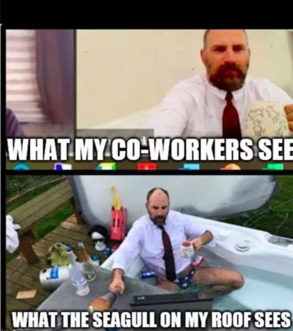 Work from home memes split of a man in a tie, actually sitting in a hot tub.