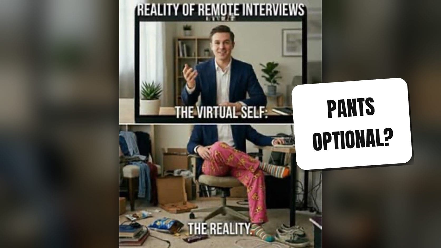 Man in a blazer and pizza print pajama pants at a messy home desk, a favorite among work from home memes.