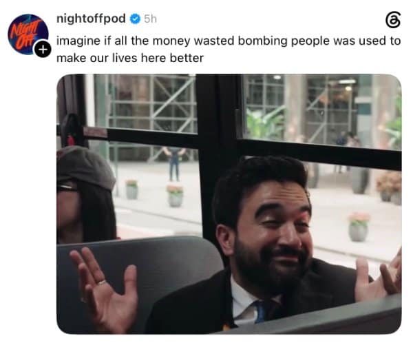Social post joking about military spending next to a shrugging man on a bus.