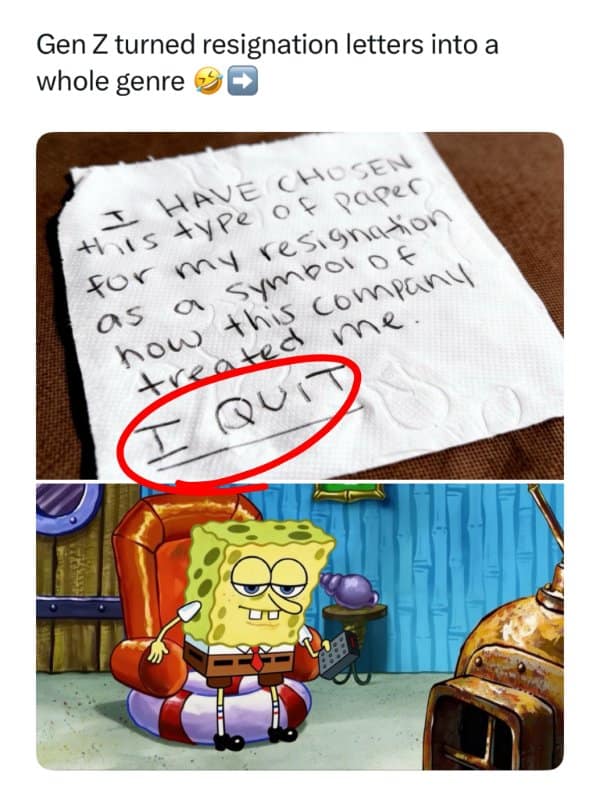 Work memes with a resignation note on a paper towel and a smug SpongeBob.