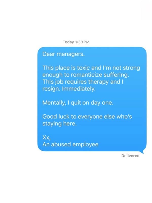 Text message resignation to managers signed by an abused employee with kisses.