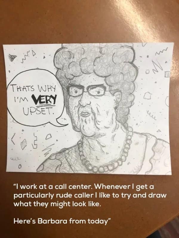 Call center worker's pencil drawing of a rude caller named Barbara.