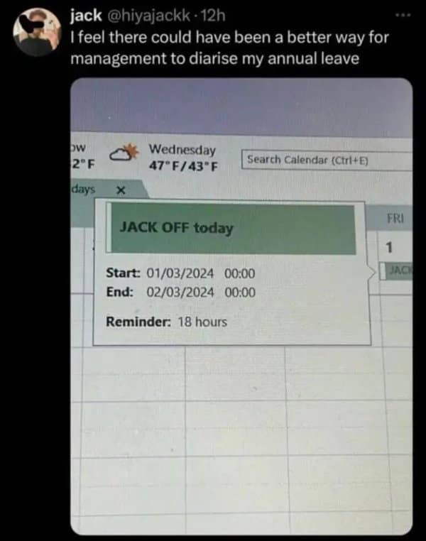 Tweet showing an unfortunate calendar entry name for someone's annual leave.