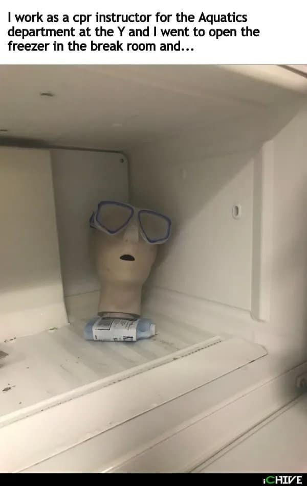 CPR training head with goggles left inside a break room freezer.
