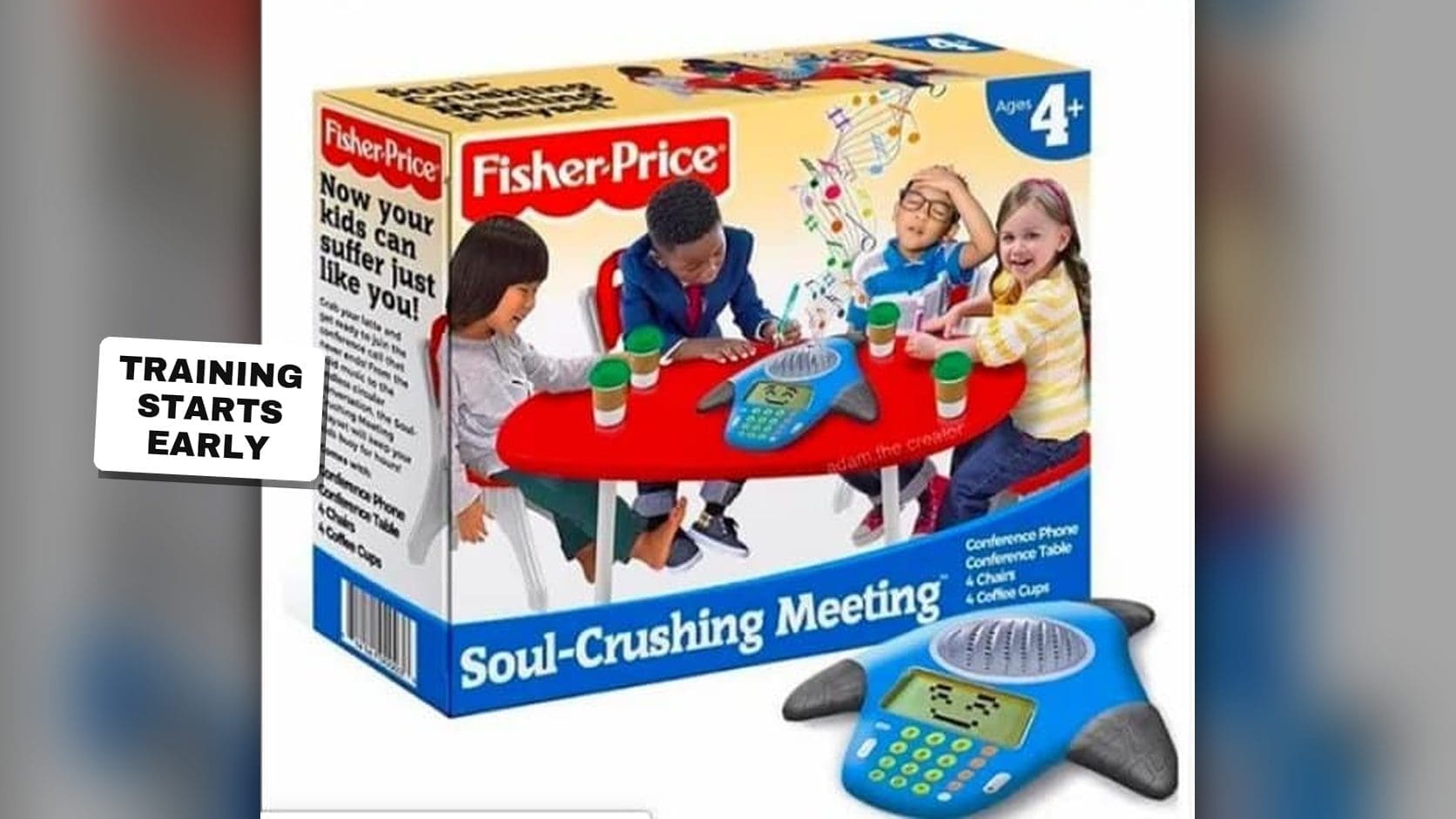 Work memes featured image of a parody Fisher-Price toy box for a Soul-Crushing Meeting playset with kids around a conference table.