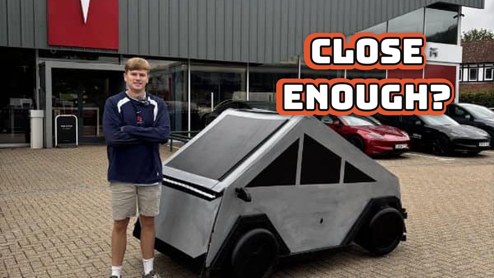 Young man standing beside a homemade mini Cybertruck outside a Tesla store, the cover for a gallery of the worst car mods.