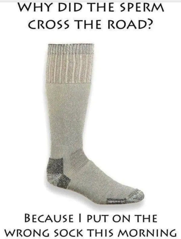 Riddle meme with a gray wool sock as the punchline about a laundry mix-up