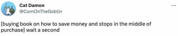 [buying book on how to save money and stops in the middle of purchase] wait a second