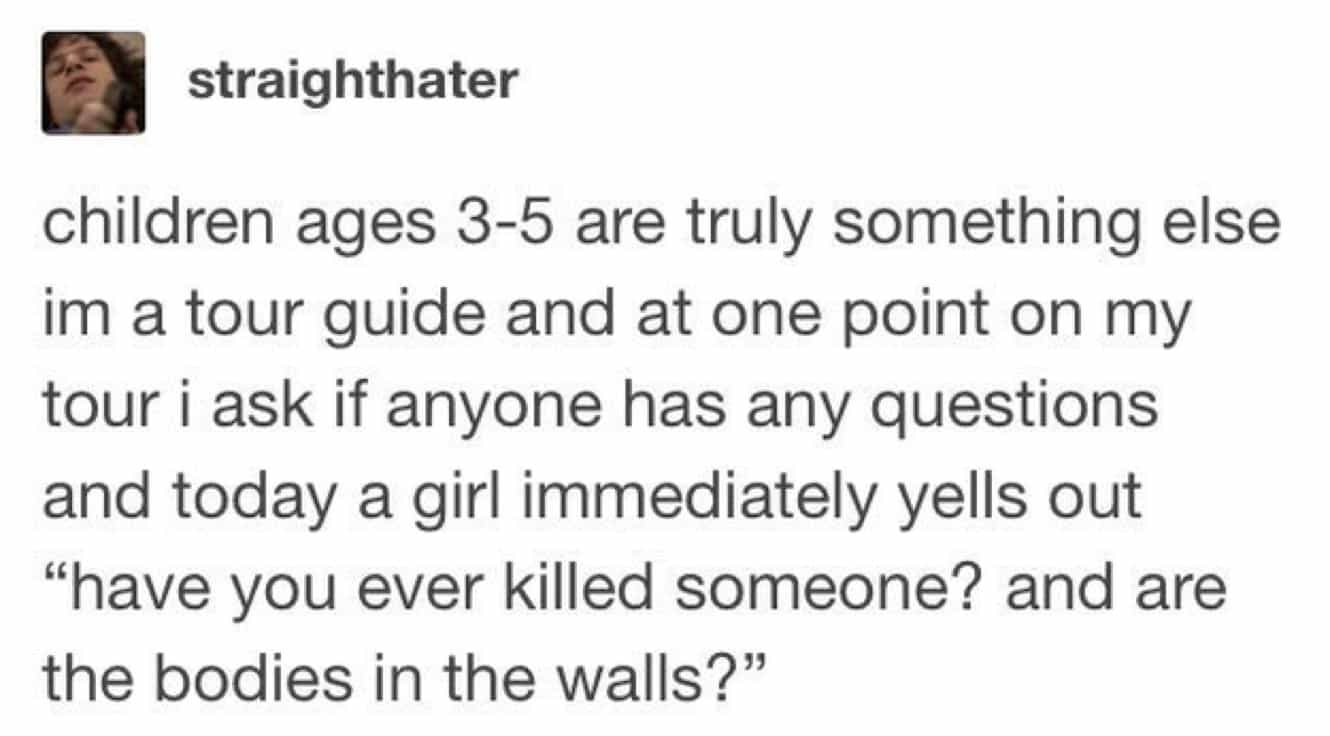 conversation with kids children ages 3-5 are truly something else im a tour guide and at one point on my tour i ask if anyone has any questions and today a girl immediately yells out "have you ever killed someone? and are the bodies in the walls?"