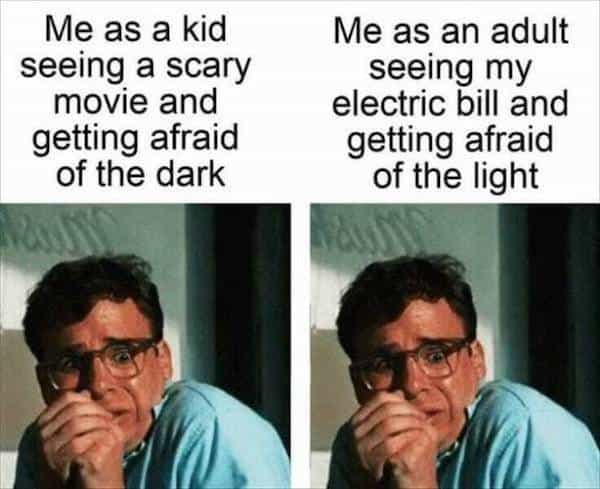 depressing memes Me as a kid seeing a scary movie and getting afraid of the dark Me as an adult seeing my electric bill and getting afraid of the light