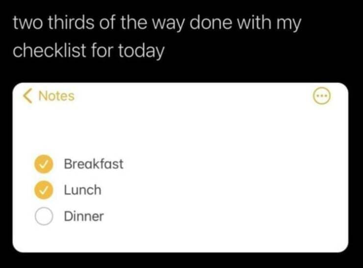 funny memes two thirds of the way done with my checklist for today Notes Breakfast Lunch Dinner