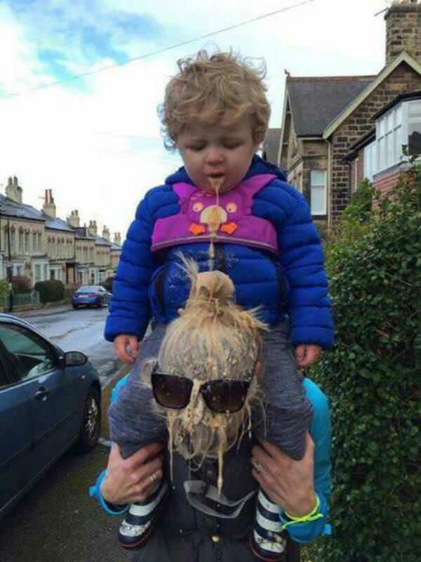 funny pics kid puked on moms head