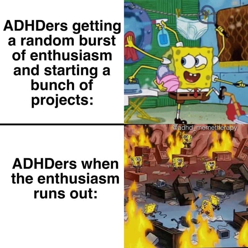 Procrastination Memes ADDers getting a random burst of enthusiasm and starting a bunch of projects: ADHDers when the enthusiasm runs out: