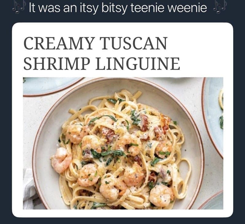 Puns Using Song Lyrics It was an itsy bitsy teenie weenie CREAMY TUSCAN SHRIMP LINGUINE
