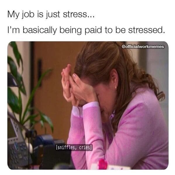 Relatable work memes My job is just stress... I'm basically being paid to be stressed.