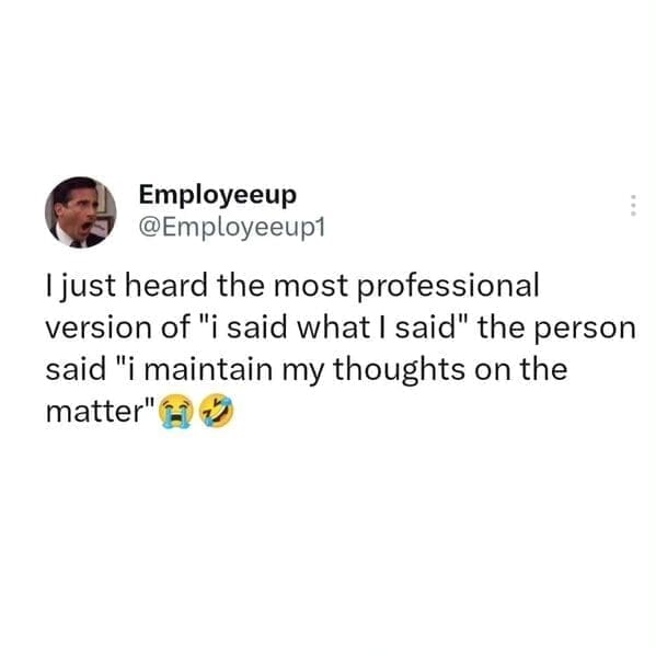 Relatable work memes I just heard the most professional version of "i said what I said" the person said "i maintain my thoughts on the matter"
