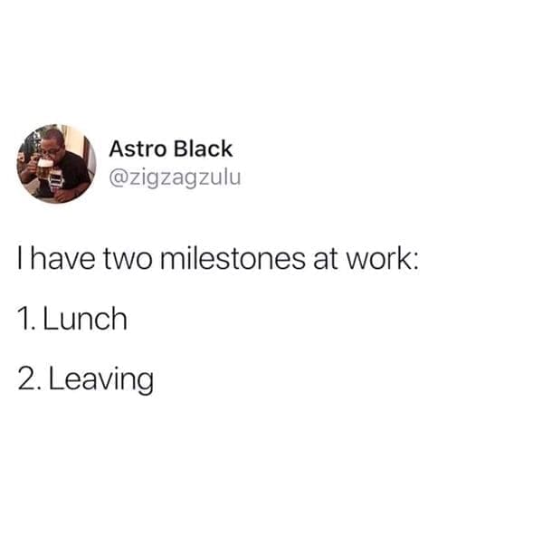 Relatable work memes I have two milestones at work: 1. Lunch 2. Leaving