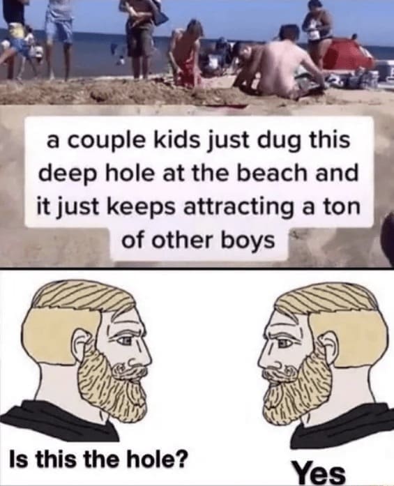 Beach Memes a couple kids just dug this deep hole at the beach and it just keeps attracting a ton of other boys Is this the hole? Yes