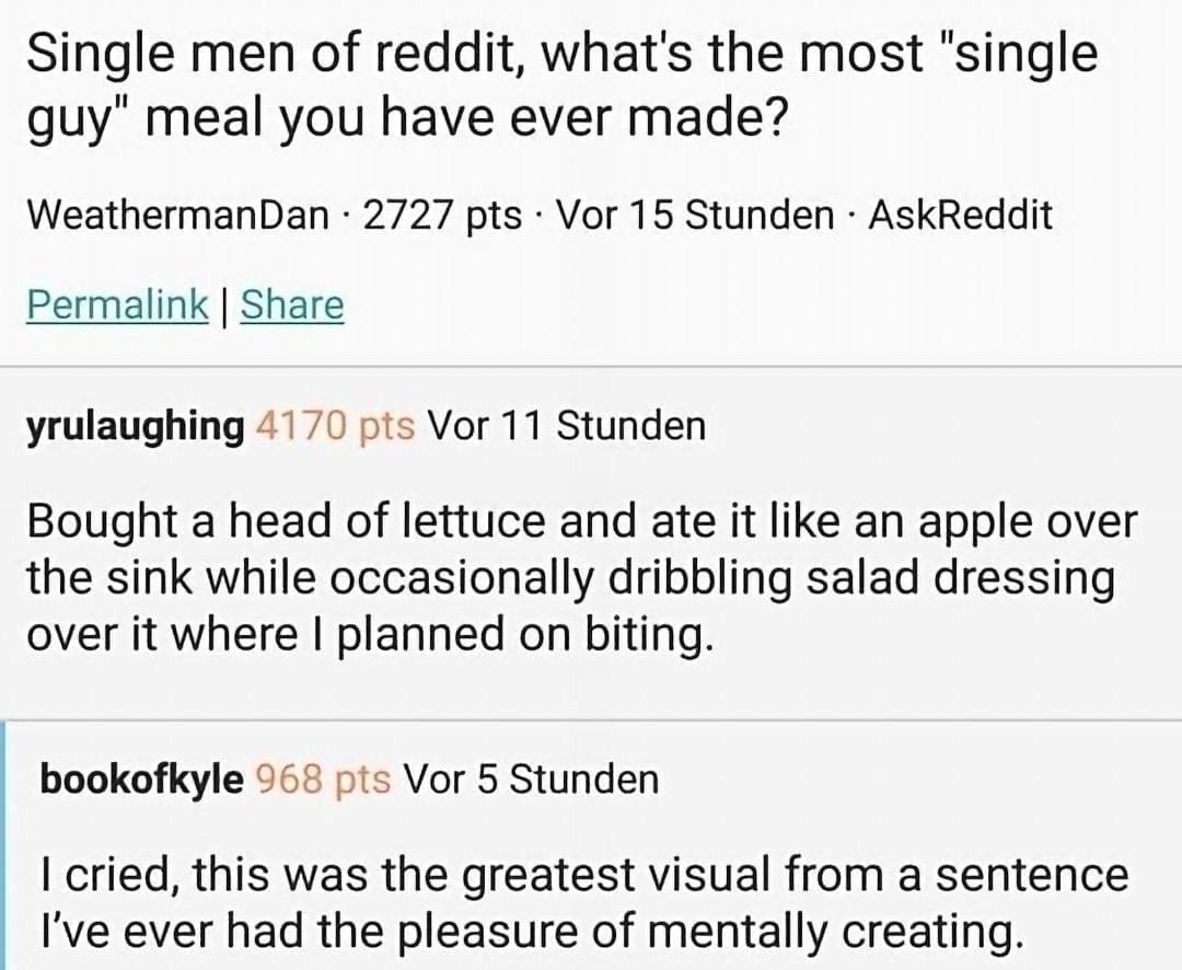 funny memes Single men of reddit, what's the most "single guy" meal you have ever made? Bought a head of lettuce and ate it like an apple over the sink while occasionally dribbling salad dressing over it where I planned on biting.