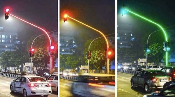 red green and yellow stop light poles
