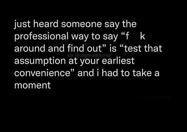 Workplace memes just heard someone say the professional way to say "f k around and find out" is "test that assumption at your earliest convenience" and i had to take a moment