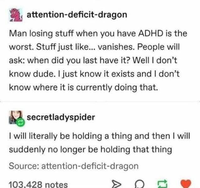 Brain memes Man losing stuff when you have ADHD is the worst. Stuff just like... vanishes. People will ask: when did you last have it? Well I don't know dude. I just know it exists and I don't know where it is currently doing that.